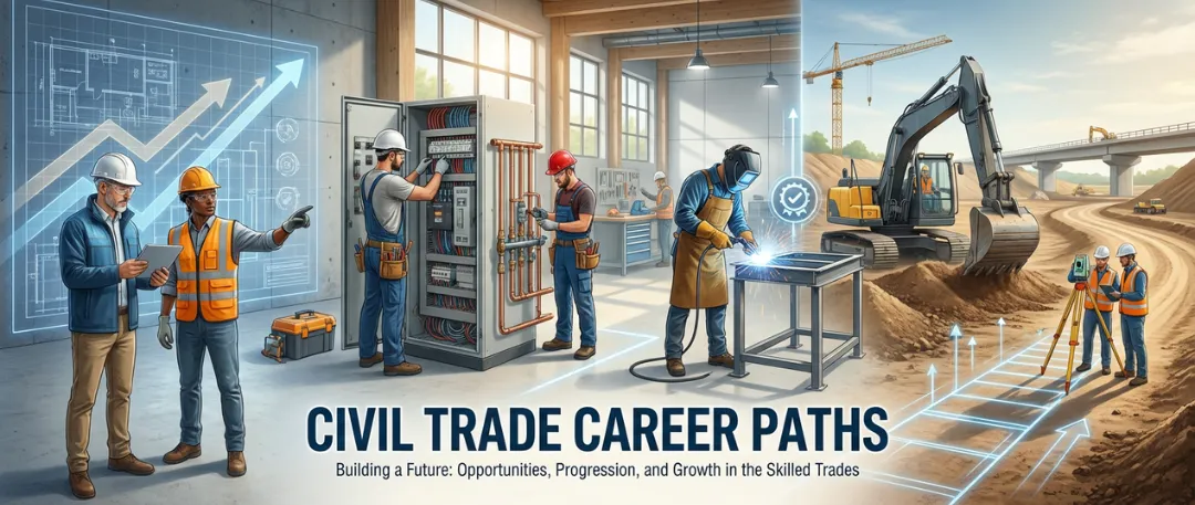 Illustration showing multiple civil trade professions in action, including engineers reviewing plans, electricians working on control panels, welders fabricating metal, and construction crews operating heavy machinery on-site, highlighting diverse career paths, skill development, and growth opportunities in the civil and construction trades.