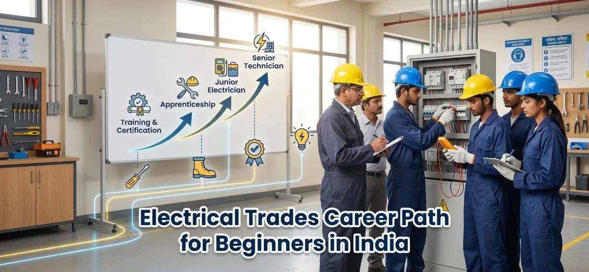 Training classroom where students in safety gear learn electrical panel work under instructor guidance, with a visual career path diagram showing progression from training and certification to apprenticeship, junior electrician, and senior technician roles, illustrating entry-level to advanced career growth in India’s electrical trades.