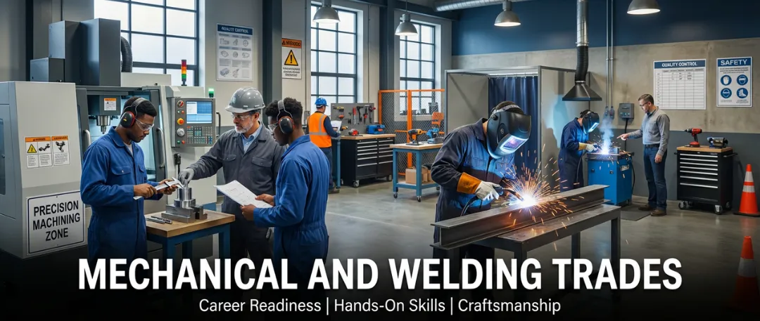 Industrial training workshop where students and instructors practice mechanical machining and welding, including precision measurement, CNC operations, and arc welding with safety gear, highlighting hands-on skill development, craftsmanship, and career readiness in mechanical and welding trades.