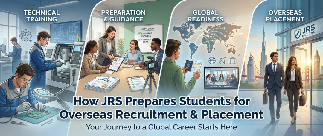Alt text: Illustrated sequence showing JRS Institute’s pathway to overseas careers, including technical training in labs, interview preparation and guidance sessions, global readiness with international exposure, and successful overseas placement, highlighting a structured journey from skill development to global employment.