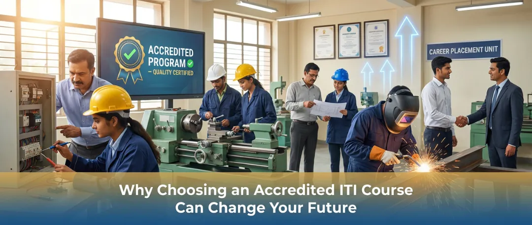 Accredited ITI training classroom with students practicing machining, electrical work, and welding under instructor guidance, certification badges displayed on screens, and career placement discussions in the background, illustrating how accredited technical education leads to skill growth, certification, and better career opportunities.