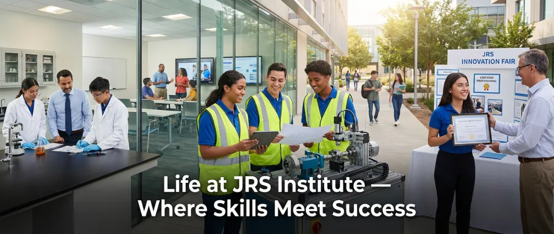 Vibrant campus scene at JRS Institute showing students engaged in hands-on technical projects, lab work, innovation showcases, and certificate recognition during an institute fair, highlighting collaborative learning, practical skills, and a supportive environment where training leads to success.
