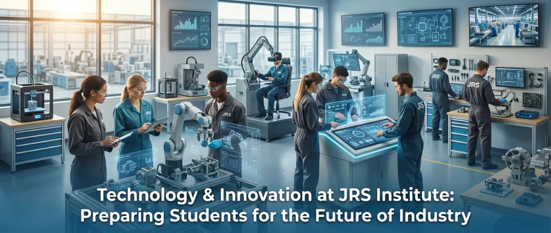 High-tech training lab at JRS Institute with students and instructors working on robotics, CNC machines, and digital control systems, using interactive screens and real-time data dashboards, showcasing hands-on learning and advanced technology that prepare students for future industrial careers.