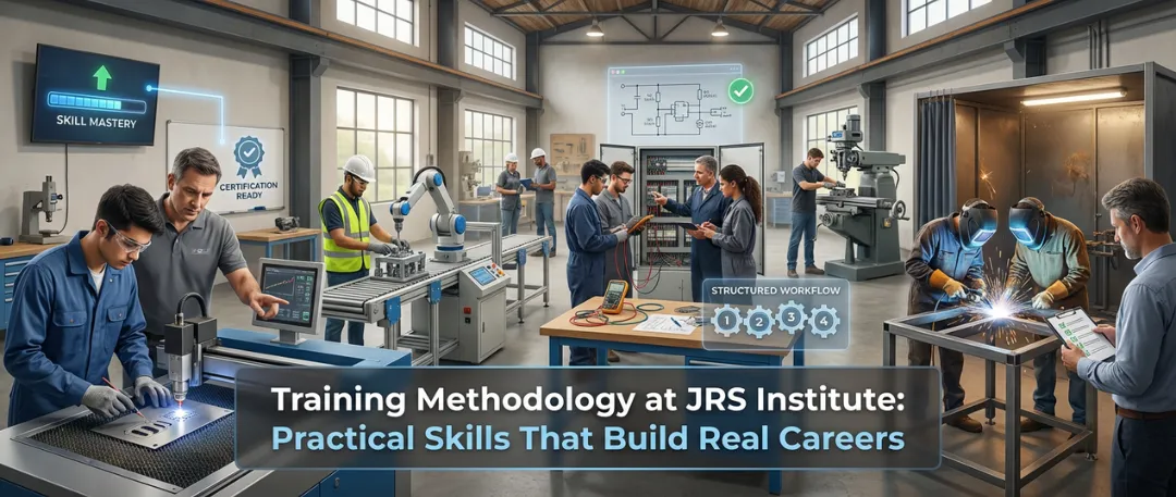 Hands-on training workshop at JRS Institute where students practice machining, robotics, electrical testing, and welding under instructor guidance, with visual indicators of skill mastery, certification readiness, and structured workflow, emphasizing practical, career-focused training methodology.