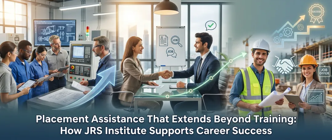 Composite illustration showing professionals in technical training, interview and handshake scenes, and successful job placement at a construction site, with visual indicators of career growth, job offers, and employer connections, representing comprehensive placement support beyond training.