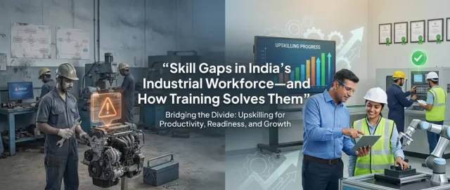 Split-scene illustration showing an industrial workshop on one side with workers facing machinery challenges and warning symbols, and a modern training environment on the other with professionals using digital tools, robotics, and progress charts, highlighting how upskilling and training bridge skill gaps in India’s industrial workforce.