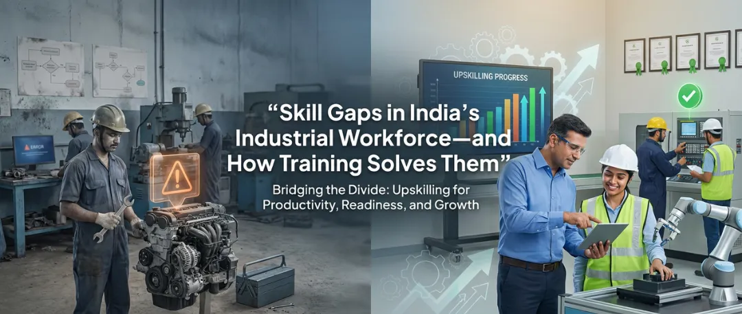Split-scene illustration showing an industrial workshop on one side with workers facing machinery challenges and warning symbols, and a modern training environment on the other with professionals using digital tools, robotics, and progress charts, highlighting how upskilling and training bridge skill gaps in India’s industrial workforce.
