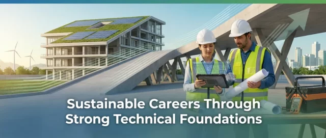 Two construction professionals wearing safety vests and hard hats review plans on a tablet at a modern infrastructure site, with a sustainable building featuring solar panels and green roofing in the background, symbolizing career growth through strong technical skills and sustainable engineering practices.