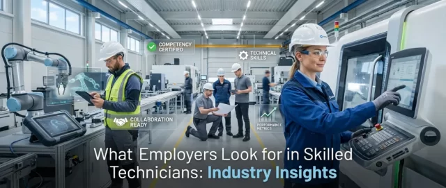 Modern manufacturing floor with skilled technicians operating CNC machines and robotic equipment, reviewing digital instructions and collaborating on tasks, with visual highlights of competency certification, technical skills, collaboration readiness, and performance metrics that employers value in skilled technicians.